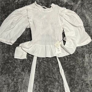 Sea New York White Smocked Peplum Puff Sleeve Blouse